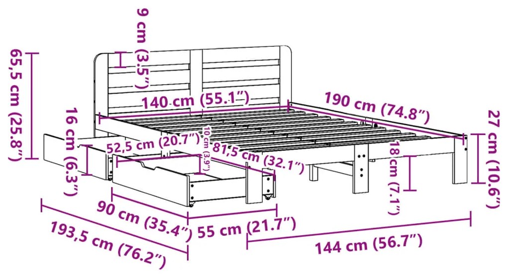 Cama sem colchão 140x190 cm pinho maciço castanho-mel