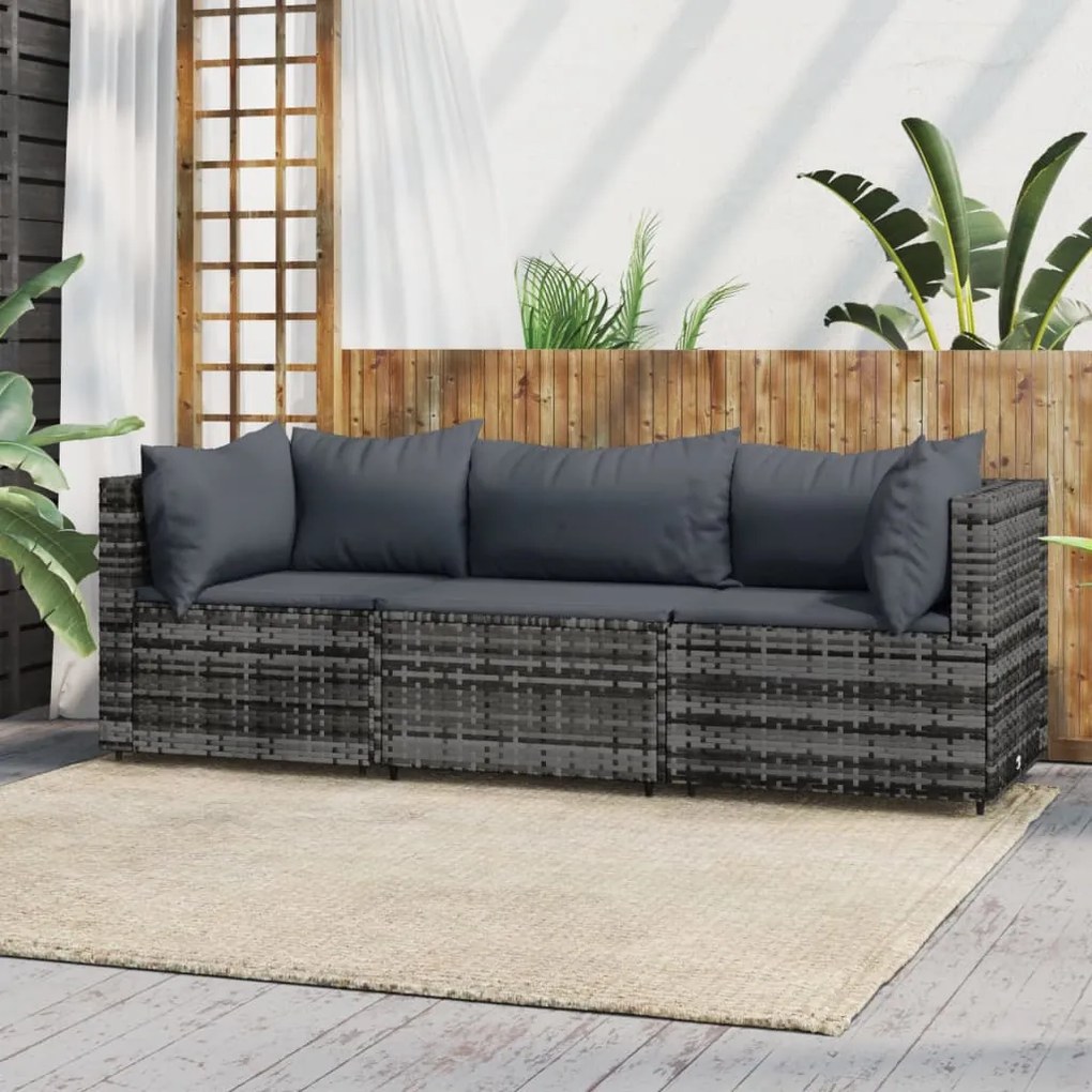 vidaXL 3 pcs conjunto lounge de jardim c/ almofadões vime PE cinzento