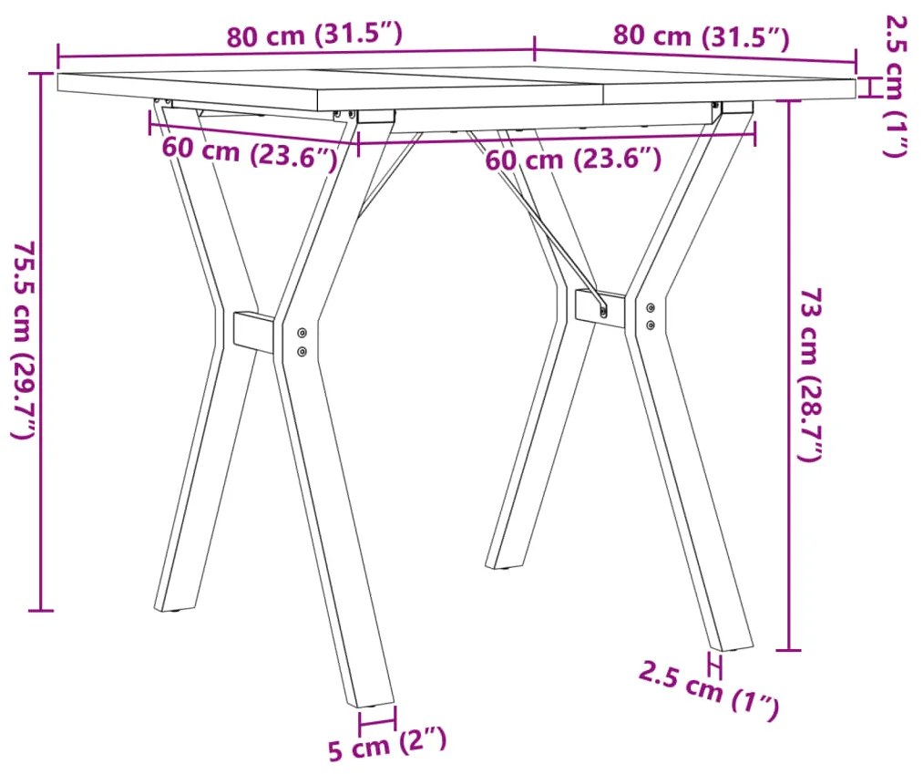 Mesa de jantar estrutura em Y 80x80x75,5 cm pinho/aço