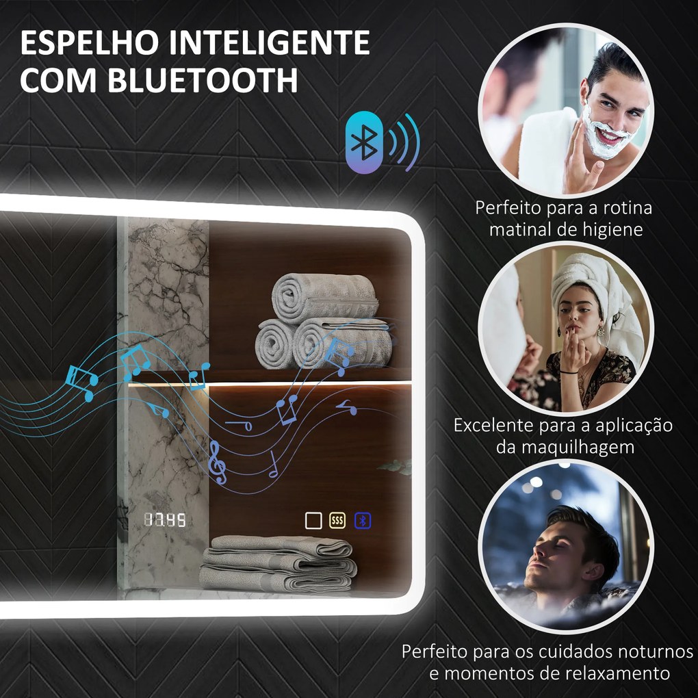 Espelho de Casa de Banho com Luz LED 70x50 cm Bluetooth 3 Cores de Luz Relógio Digital Função Antiembaciamento Função de Memória Prata