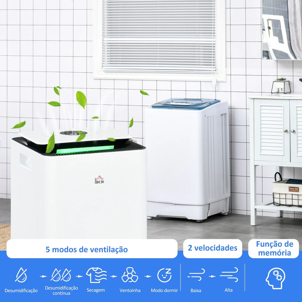 HOMCOM Desumidificador Elétrico 12L/dia Depósito 2,5L Silencioso com 5 Modos 2 Velocidades Ecrã LED e Temporizador 25x25x50cm Branco