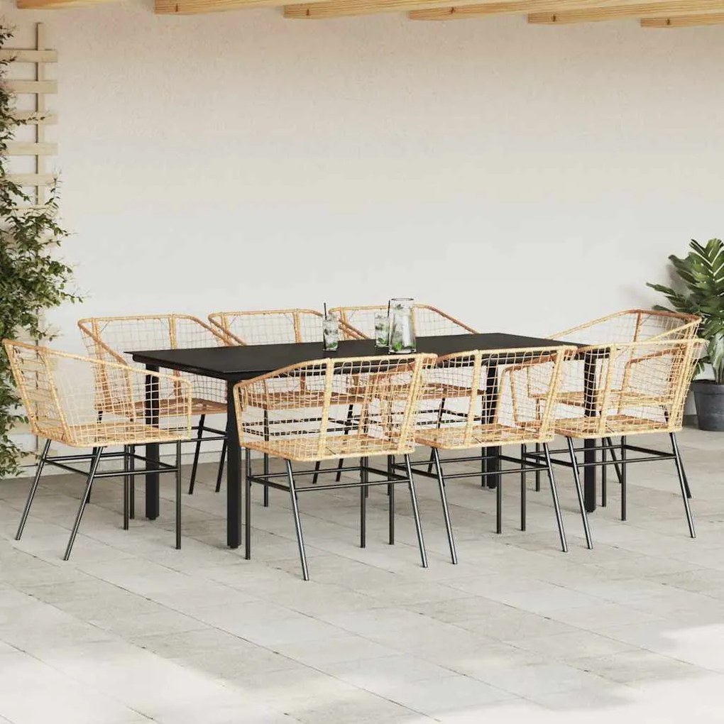 Conjunto jantar jardim 9 peças vidro vime PE castanho