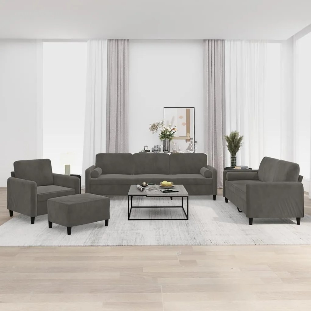 vidaXL 4pcs conj. sofás c/ almofadas/almofadões veludo cinzento-escuro