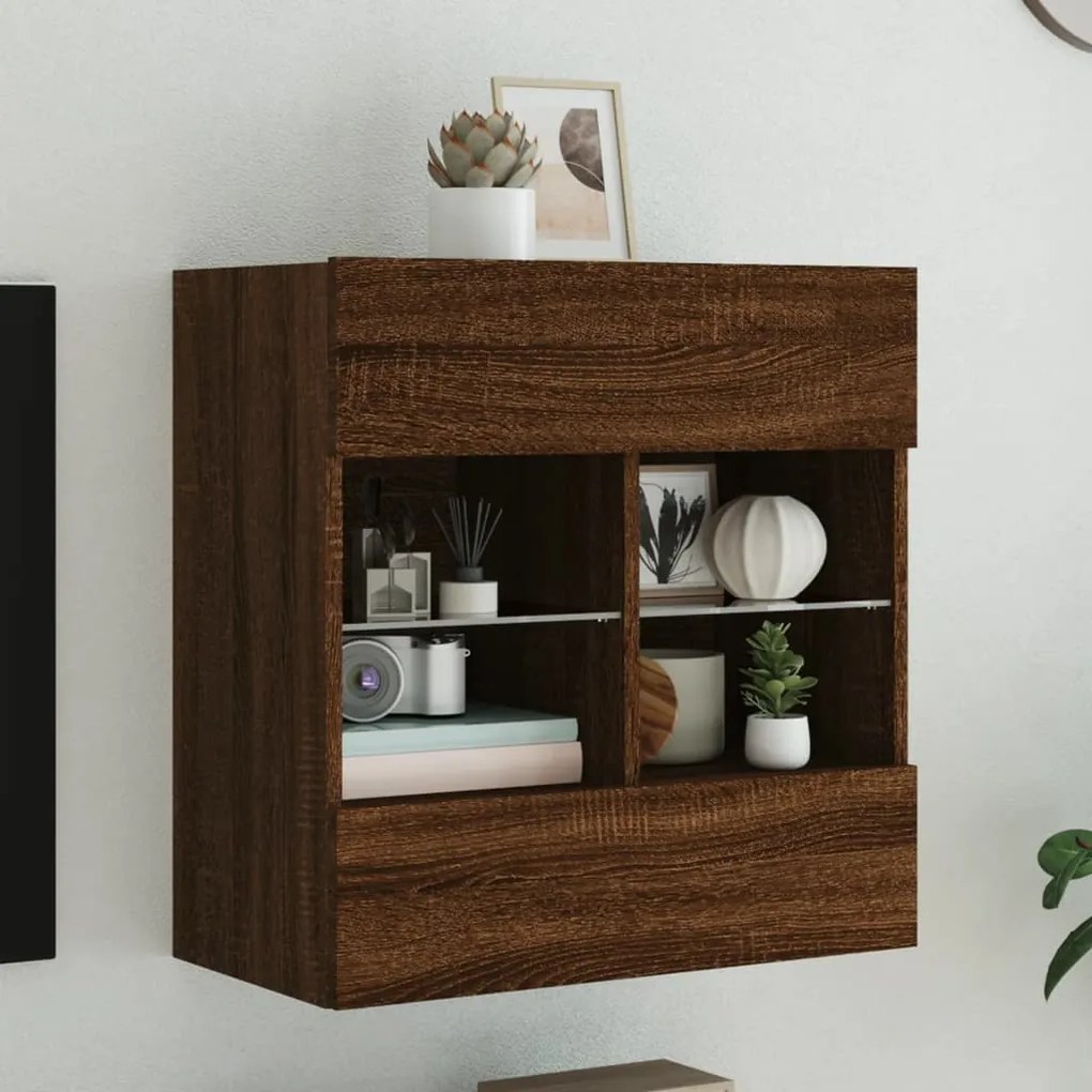 vidaXL Móvel parede p/ TV luzes LED 58,5x30x60,5 cm carvalho castanho