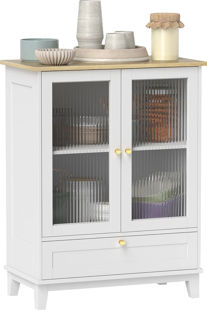 Aparador Sala de Estar com 2 Portas de Vidro Temperado Gaveta e Prateleira Ajustável 68x35x85 cm Branco