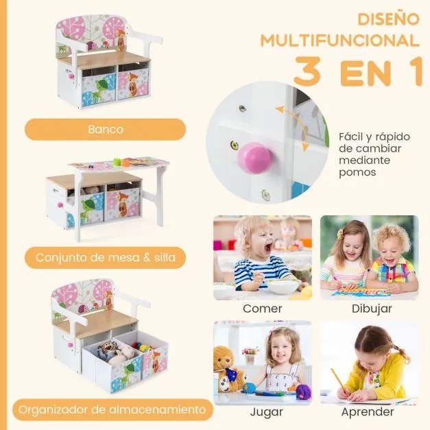 Conjunto de mesa e cadeira para crianças com 2 recipientes de pano amovíveis Mesa para crianças 3 em 1 com banco de actividades convertível Branco