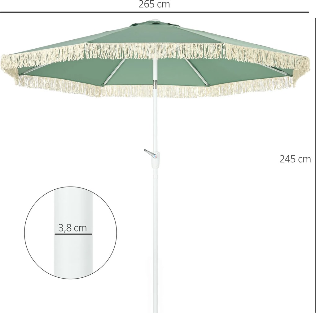 Guarda-sol de jardim, guarda-sol de exterior inclinável, guarda-sol com franjas e manivela, 8 varas, dimensões: Ø 2,65 x 2,45 m, verde