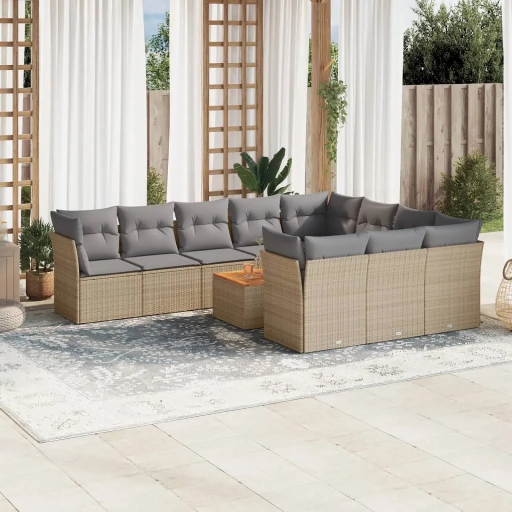 11 pcs conj. sofás jardim c/ almofadões vime PE bege misturado
