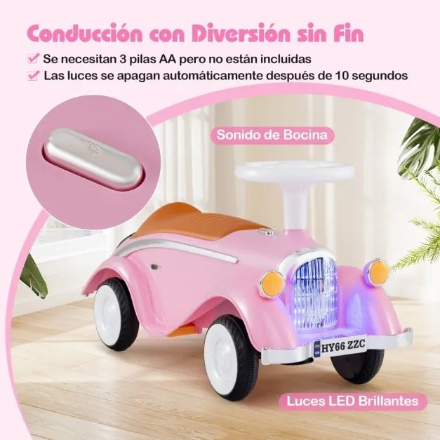 Andador carro clássico com volante, buzina, luz LED e espaço de armazenamento sob o assento para crianças de 19 a 36 meses Rosa