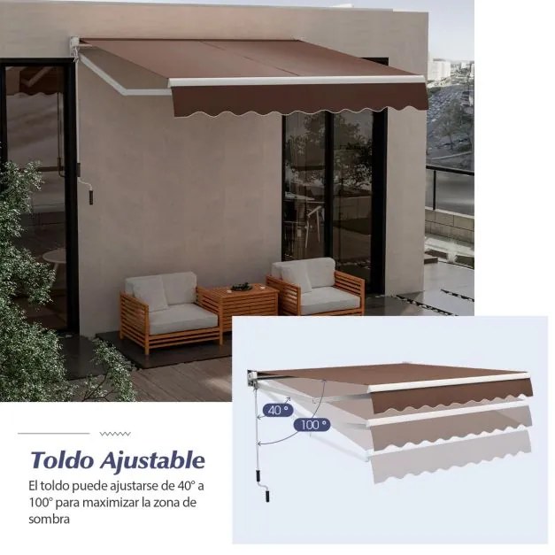 Toldo retrátil 295 x 250 cm com manivela manual com toldo Castanho