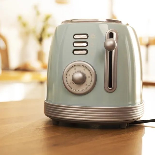 Torradeira Toast&Taste 800 Vintage Light Blue. 850 W, Dupla Ranhura Curta Extra Larga 3,8 cm, 2 Torradas, Acabamento em Aço Inoxidável, Estilo Vintage