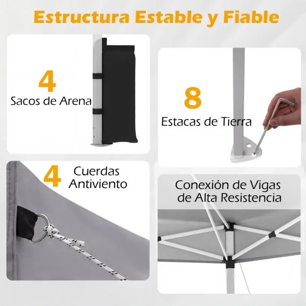 Tenda dobrável 3x3 m com 4 x Sacos de areia de montagem instantânea com 1 botão campismo, feiras, eventos e Saco com rodas Cinzenta