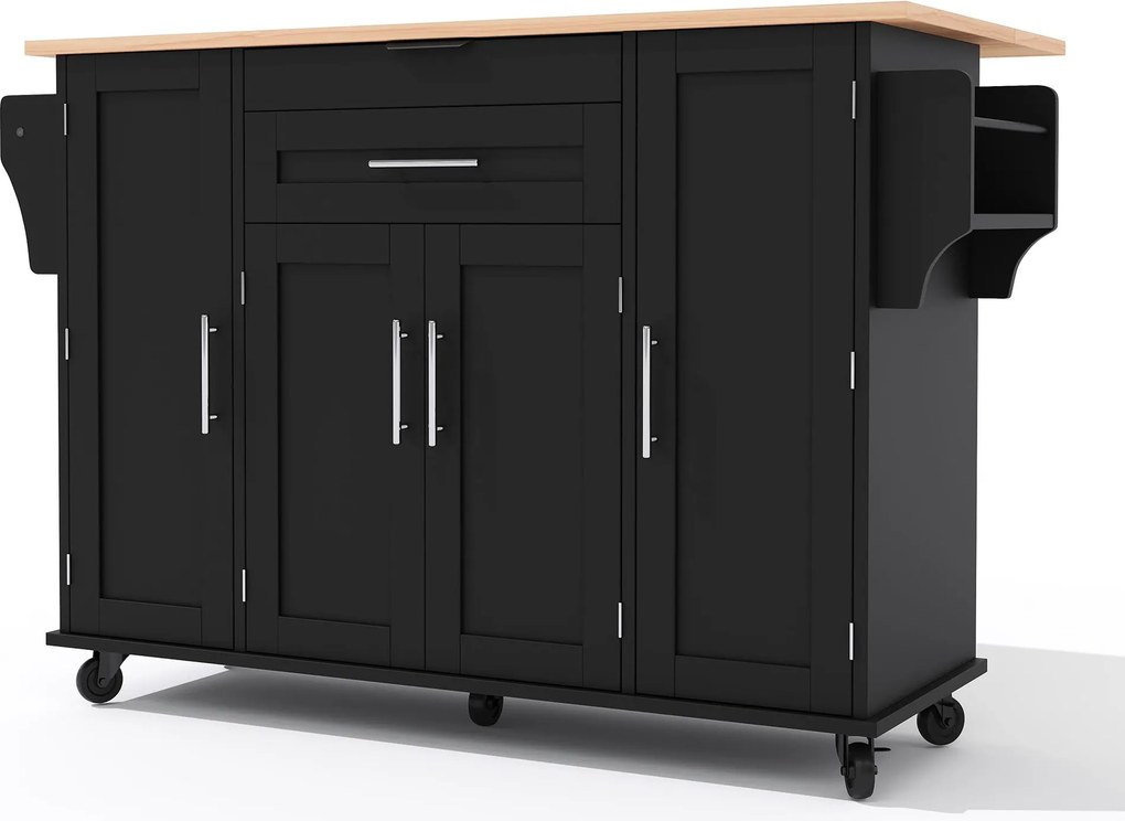Ilha de cozinha móvel com gaveta oculta para talheres, prateleiras reguláveis, prateleira para especiarias e suporte para toalhas, 136x45/70x92 cm, Preto+Cor natural| AOSOM Portugal