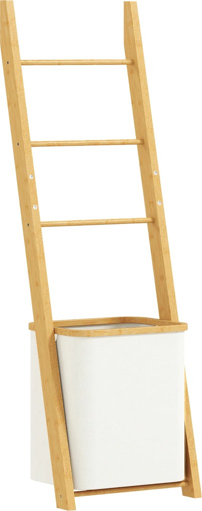 HOMCOM Estante para Casa de Banho de Bambu com 3 Barras e Cesto para Roupa Suja Removível de 48 L 43x35x133 cm Creme e Madeira | Aosom Portugal