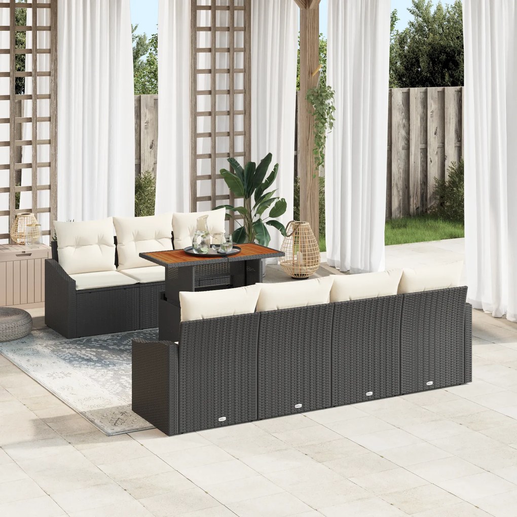 Conjunto de Sofás de Jardim de 8 Peças com Almofadas Preto Vime Poliés