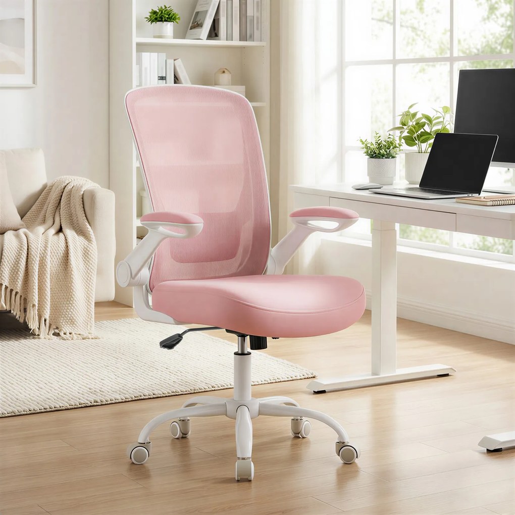 Cadeira de escritório ergonómica, cadeira giratória com função de balanço, cadeira em malha rosa