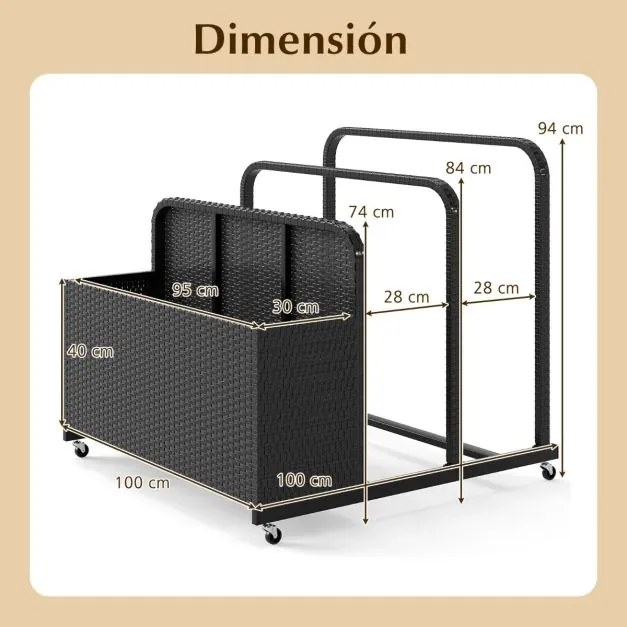 Organizador de armazenamento 100 cm x 100 cm x 94 cm Exterior para boias de piscina em vime para exterior Cesto caddy com rodas Preto