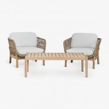 Conjunto De Jardim Com 2 Poltronas E Mesa De Centro Em Madeira De Acácia E Corda Trançada Karvia Tecido Gardénia Branco - Sklum