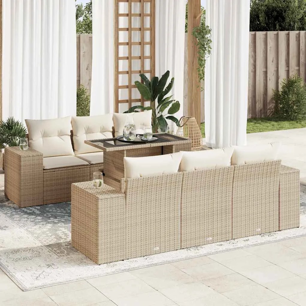 7 pcs conjunto de sofás p/ jardim com almofadões vime PE bege