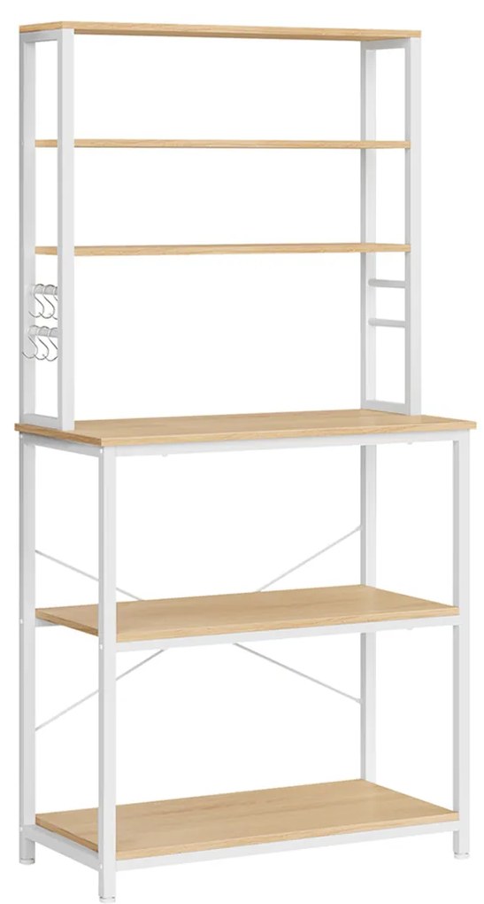 Suporte de prateleira para cozinha VASAGLE Suporte de prateleira para micro-ondas 6 níveis 6 prateleiras e 6 ganchos Estrutura de aço para micro-ondas Design industrial 40 x 80 x 167 cm Carvalho Branco KKS019W09