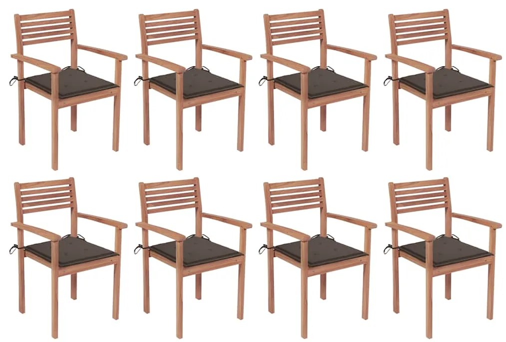 vidaXL Cadeiras de jardim empilháveis c/ almofadões 8 pcs teca maciça