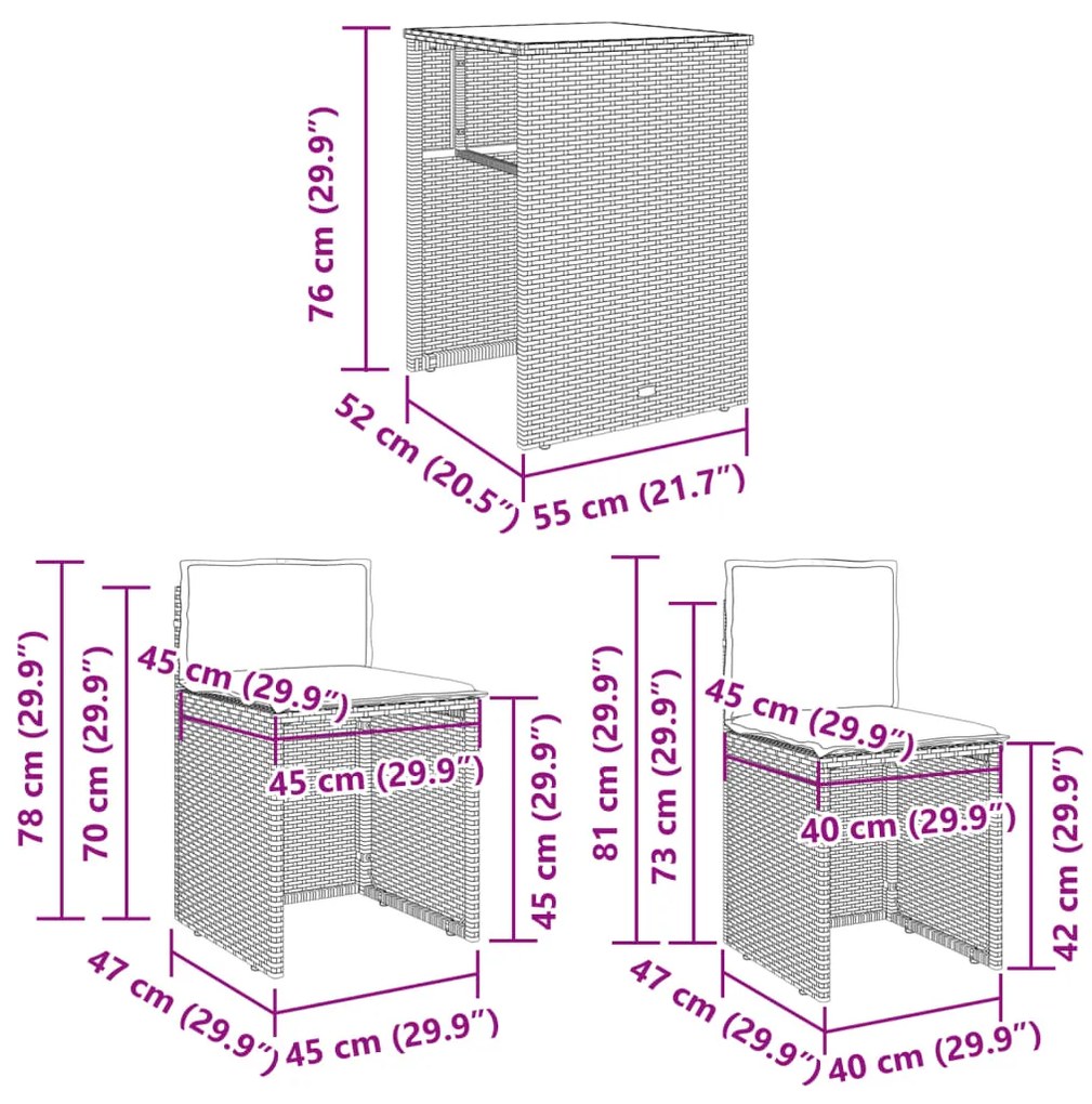 3 pcs conjunto bistrô com almofadões vime PE cinza