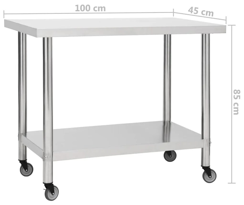 Mesa de trabalho de cozinha c/ rodas aço inoxidável 100x45x85cm