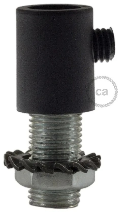 Black plastic round strain relief clamp  provided with threaded tube nut and washer.