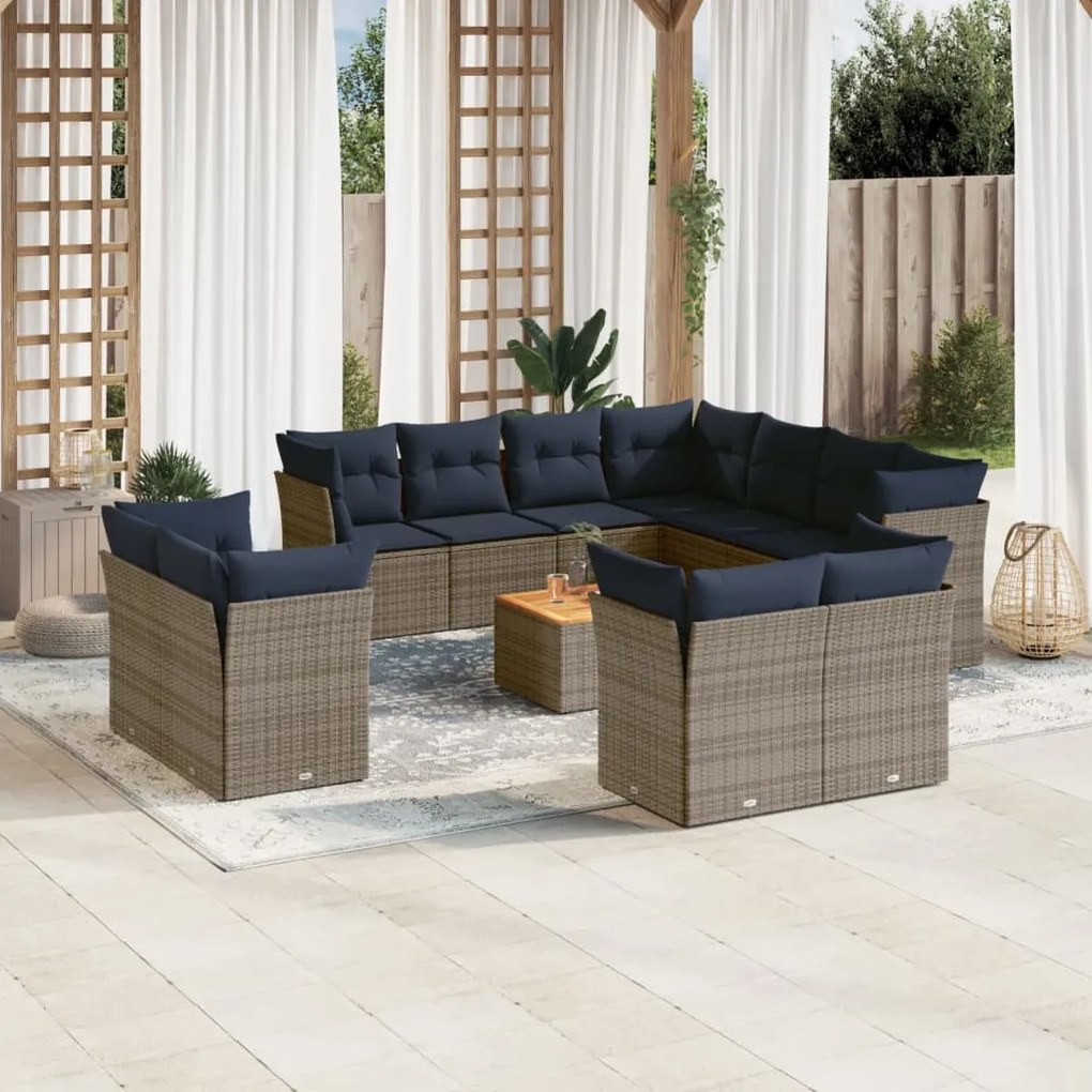 vidaXL 12 pcs conjunto sofás p/ jardim c/ almofadões vime PE cinzento