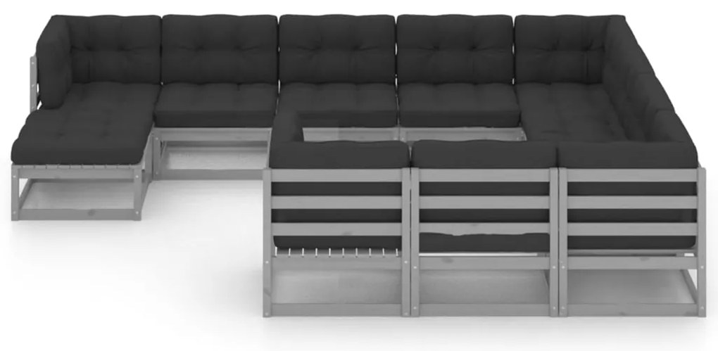 11 pcs conj. lounge jardim c/ almofadões pinho maciço cinzento