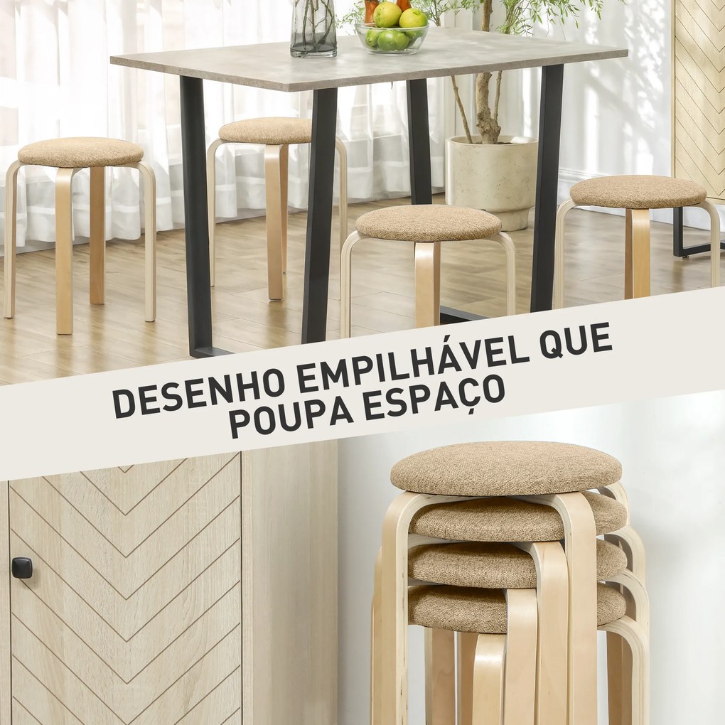 Conjunto de 4 Bancos Empilháveis Redondos (MESA NÃO INCLUIDA) Bancos Baixos de Cozinha com Assento Acolchoado Ø40x45 cm Caqui e Madeira