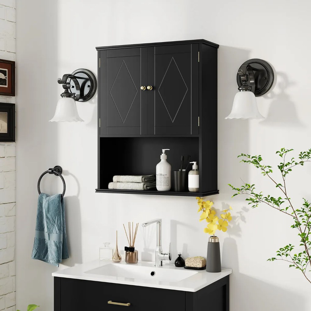 Armário de casa de banho de Parede 60 x 21 x 75 cm com 2 Portas com Prateleira Aberta e Ajustável Preto