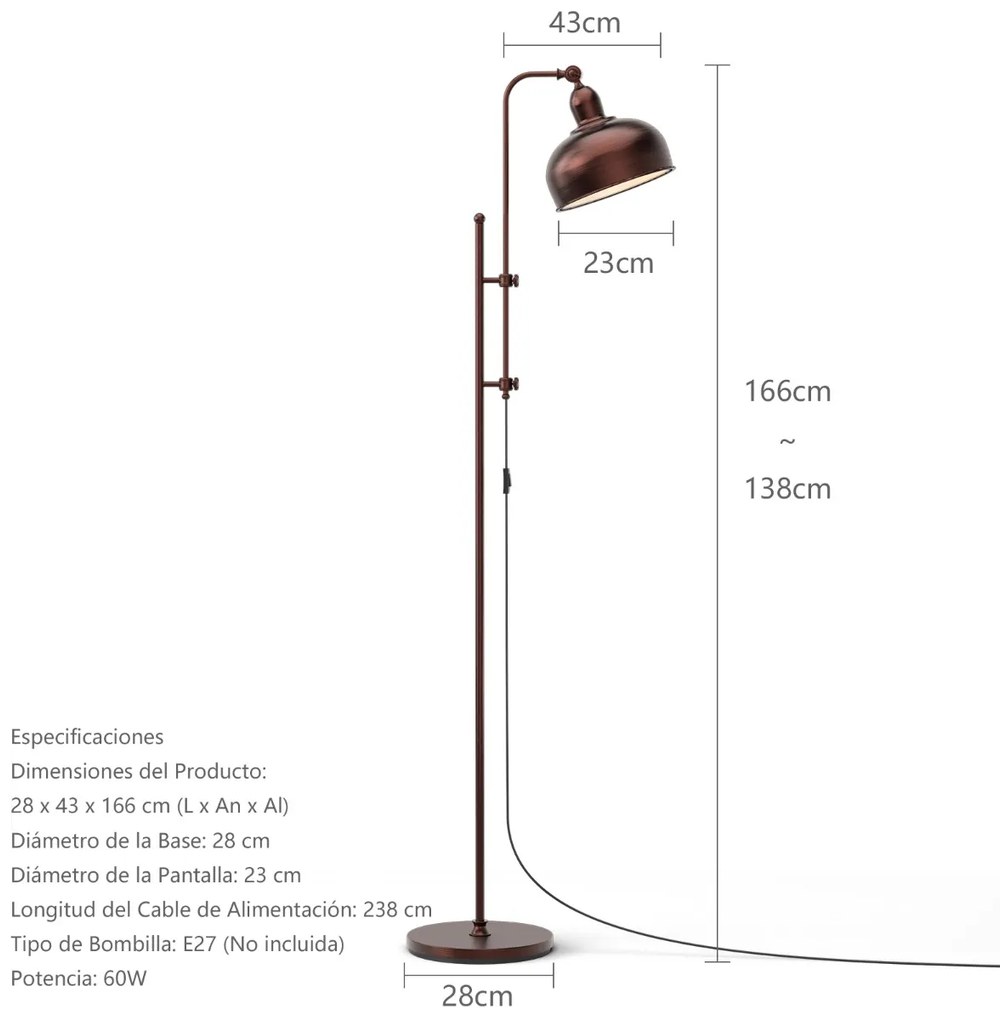 Candeeiro de pé industrial com altura ajustável 28 x 43 x 138-166 cm, com ângulo regulável, base pesada, casquilho E27, bronze
