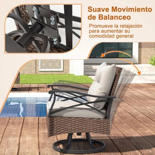 Conjunto jardim de 3 peças de 2 cadeiras de baloiço giratórias de rattan para exterior com almofadas de mesa lateral de vidro temperado para jardim, p