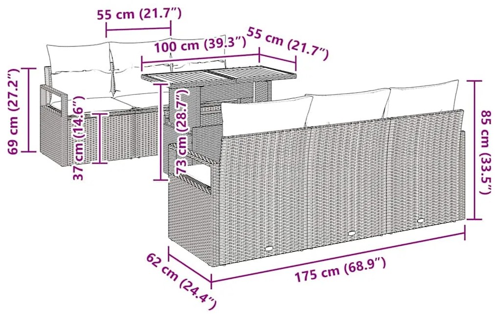 Conjunto de Sofá de Jardim de 7 Peças da com Almofadas Pretas e Rattan