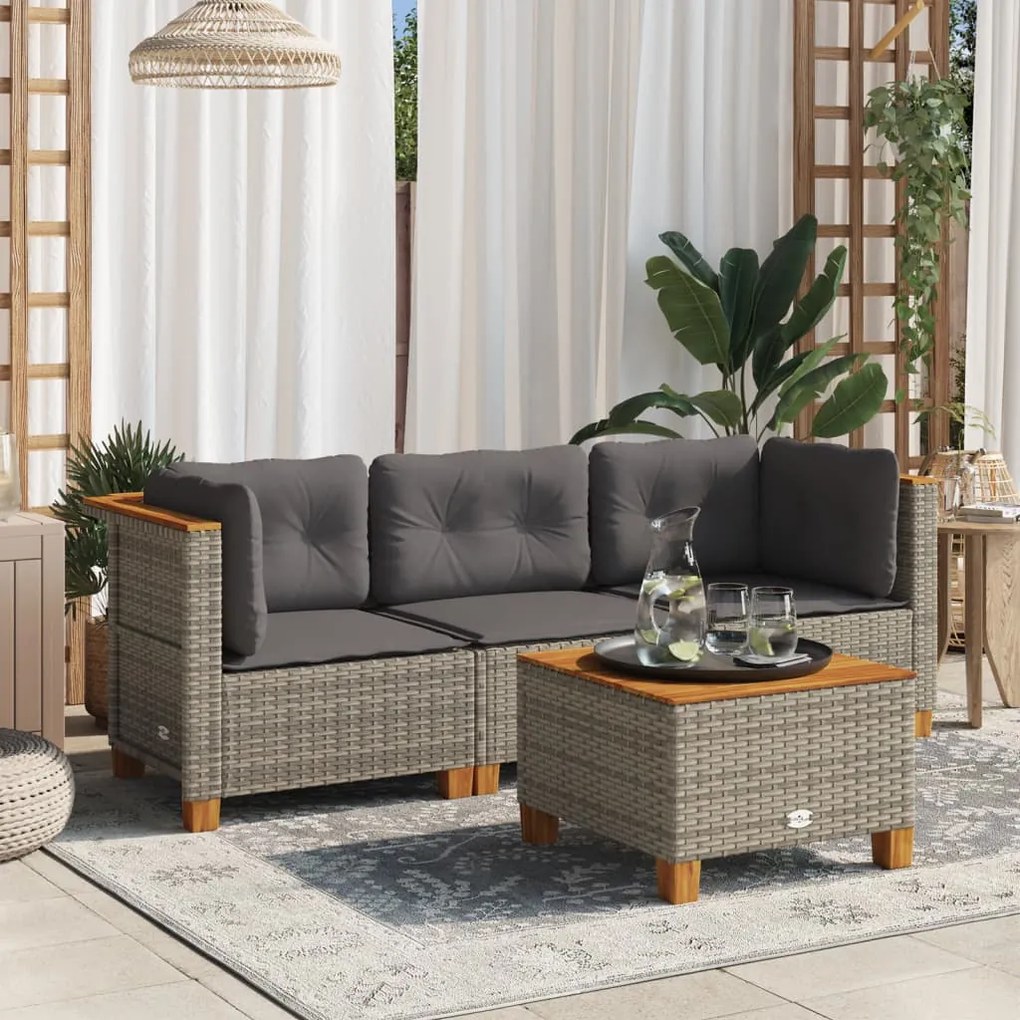 vidaXL Sofá de jardim de 3 lugares com almofadões vime PE cinzento