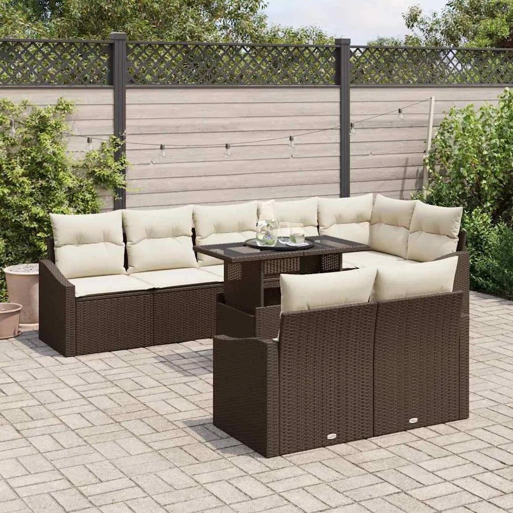 Conjunto de Sofá de Jardim de 9 Peças com Almofadas Castanho em Rattan