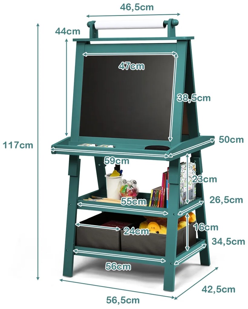 Quadro infantil de dupla face 3 em 1 com 2 Prateleiras 2 Caixas e Bandeja Grande 59 x 50 x 117 cm Azul