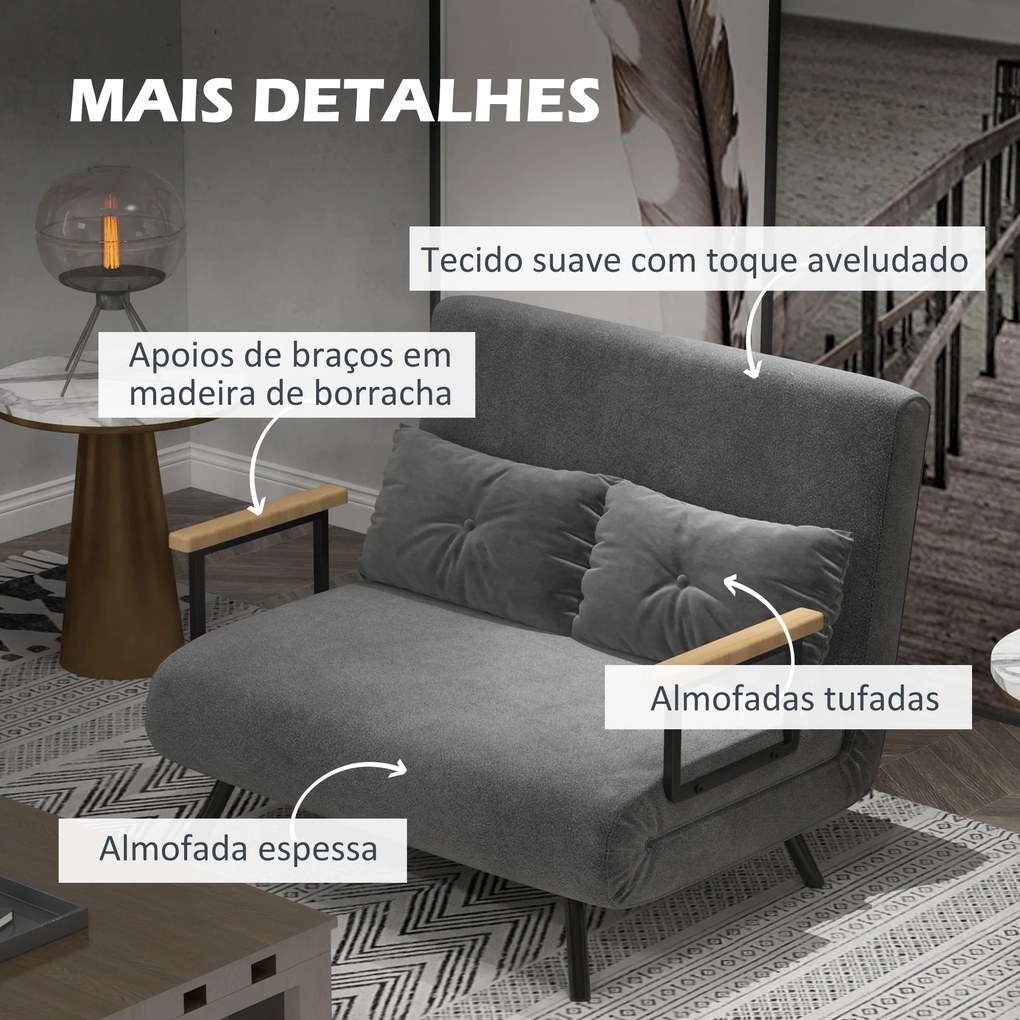 Sofá Cama Sofá Convertível em Cama de 2 Lugares Dobrável com Encosto Ajustável em 5 Níveis e 2 Almofadas 102x73x81 cm Cinza