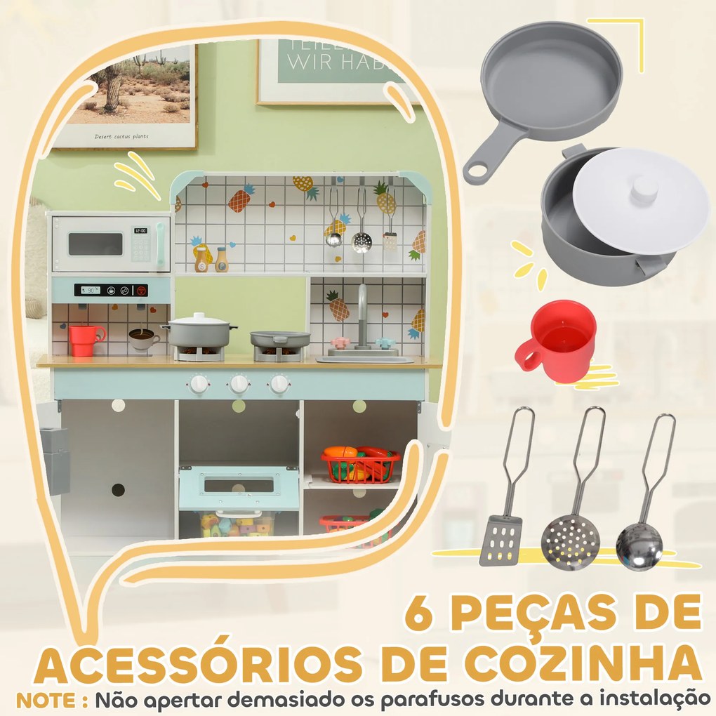 Cozinha de Madeira para Crianças com Sons Lavatório Micro-Ondas Máquina de Gelo e Acessórios 88,6x31,7x90,4 cm Branco