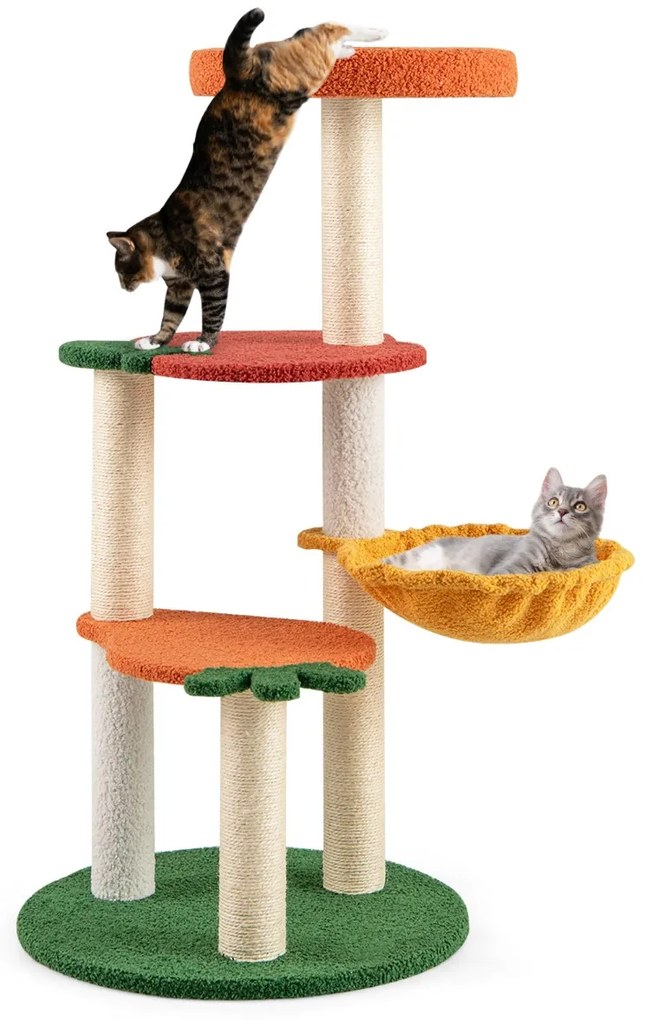 Arranahdor para gatos estilo fruta de 99,5 cm, vários níveis com cabide acolchoado, cesto giratório e postes de sisal para arranhar Laranja