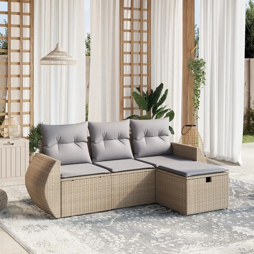 4 pcs conj. sofás jardim c/ almofadões vime PE bege misturado