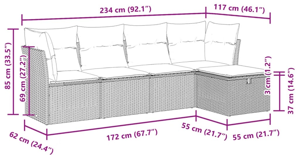 5 pcs conjunto sofás p/ jardim c/ almofadões vime PE castanho