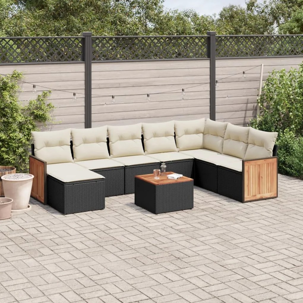 9 pcs conjunto de sofás p/ jardim c/ almofadões vime PE preto
