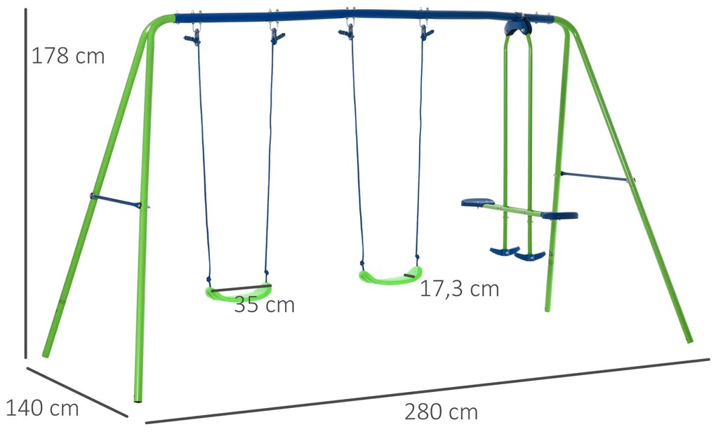 Conjunto de Baloiços de Jardim de Metal com Altura Ajustável Baloiços para Crianças acima de 3 Anos com Baloiço Duplo Baloiço para Pátio Exterior 280x