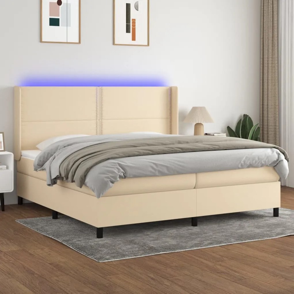 Cama box spring c/ colchão e LED 200x200 cm tecido cor creme