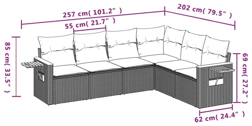 6 pcs conjunto de sofás p/ jardim c/ almofadões vime PE preto