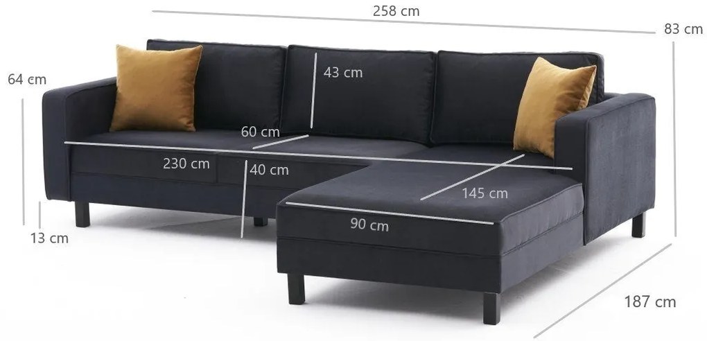 Sofá de Canto Kale – Antracite – 258x83x181 cm