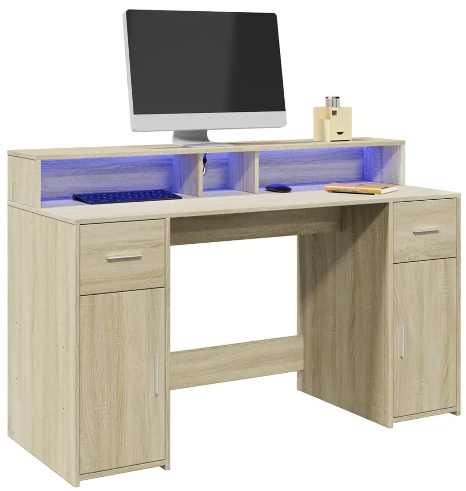 vidaXL Secretária luzes LED 140x55x91cm deriv. madeira carvalho sonoma