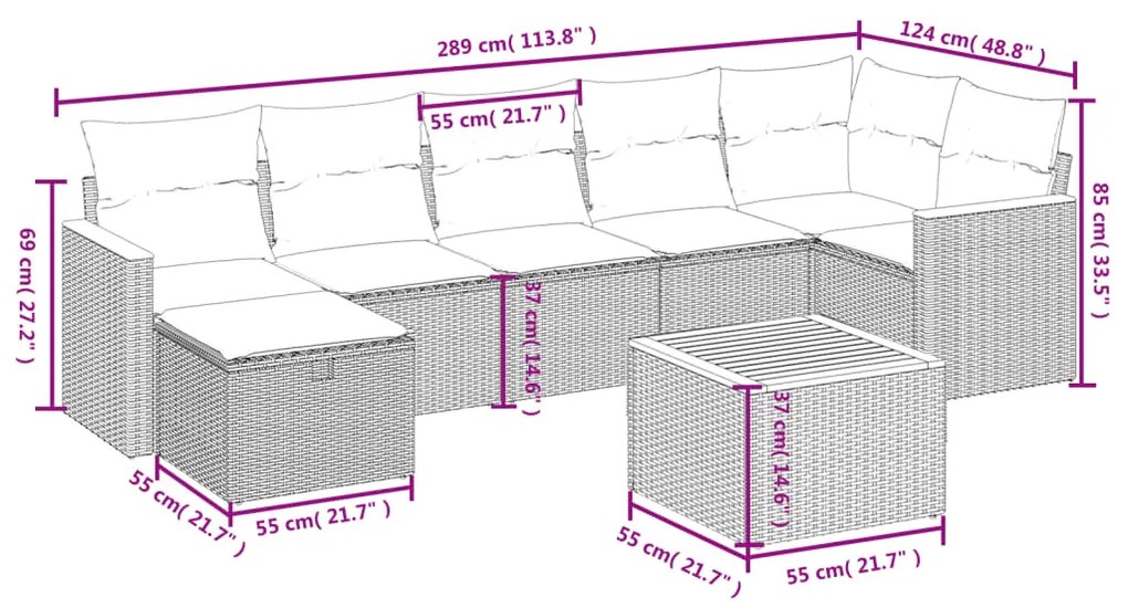 8 pcs conjunto sofás de jardim com almofadões vime PE preto